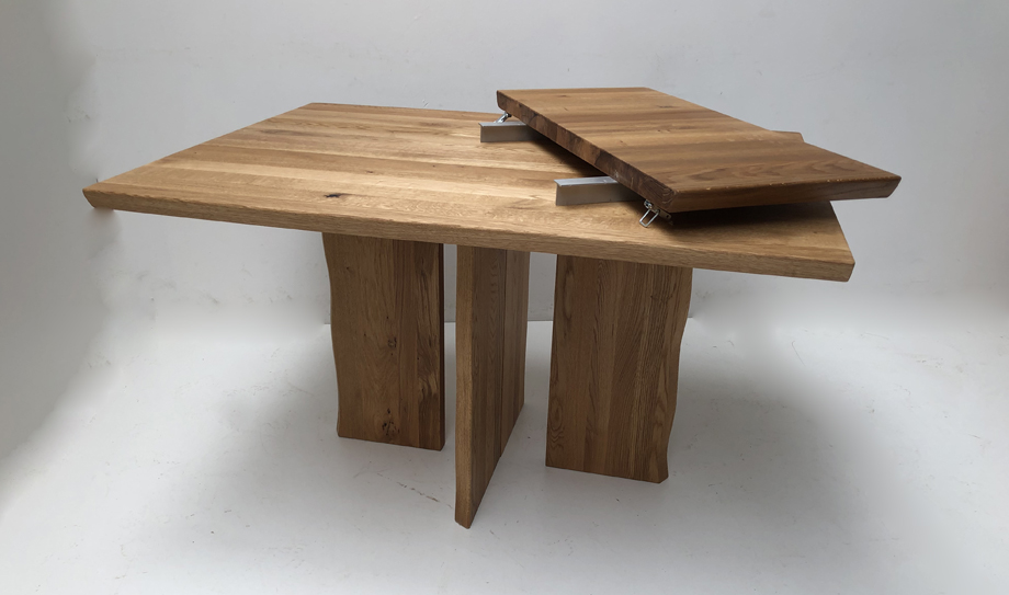 Baumtisch Tisch Kreuzfußtisch Oviedo 2, 130/100 cm, Anteckplatte 40 cm, ohne Mittelfuge, Wildeiche