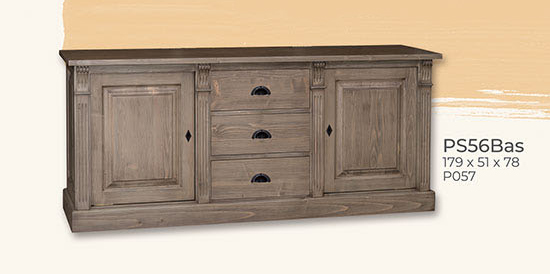 Anrichte Kommode Sideboard, 2 Holztüren, 3 Schubladen, Kiefer massiv