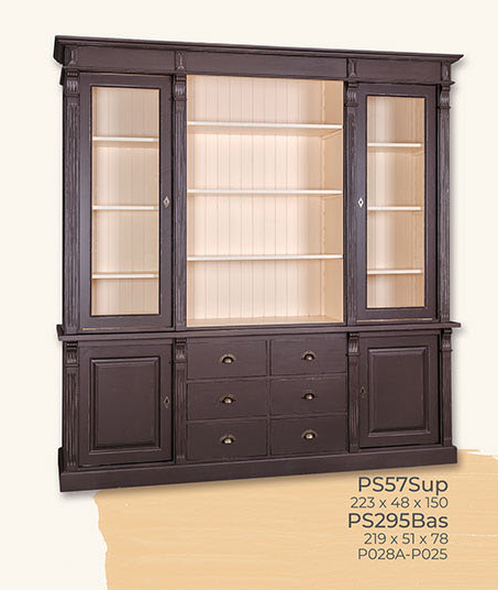 Buffet, Anrichte + Aufsatz, 2 Holztüren, 2 Glastüren, 6 Schubladen, Kiefer massiv, 2-farbig lackiert