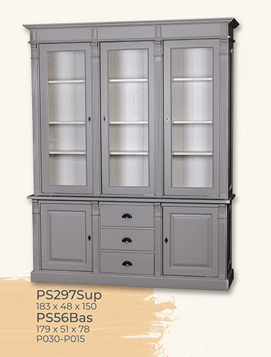 Buffet, Anrichte + Aufsatz, 2 Holztüren, 3 Schubladen, 3 Glastüren, Kiefer massiv