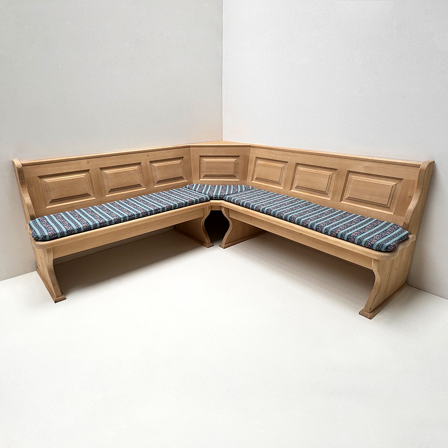 Eckbank Lindau 205/205 cm Truhen, Aussenwangen glatt, Rosner gewachst, Polster genäht, Waidhaus blau