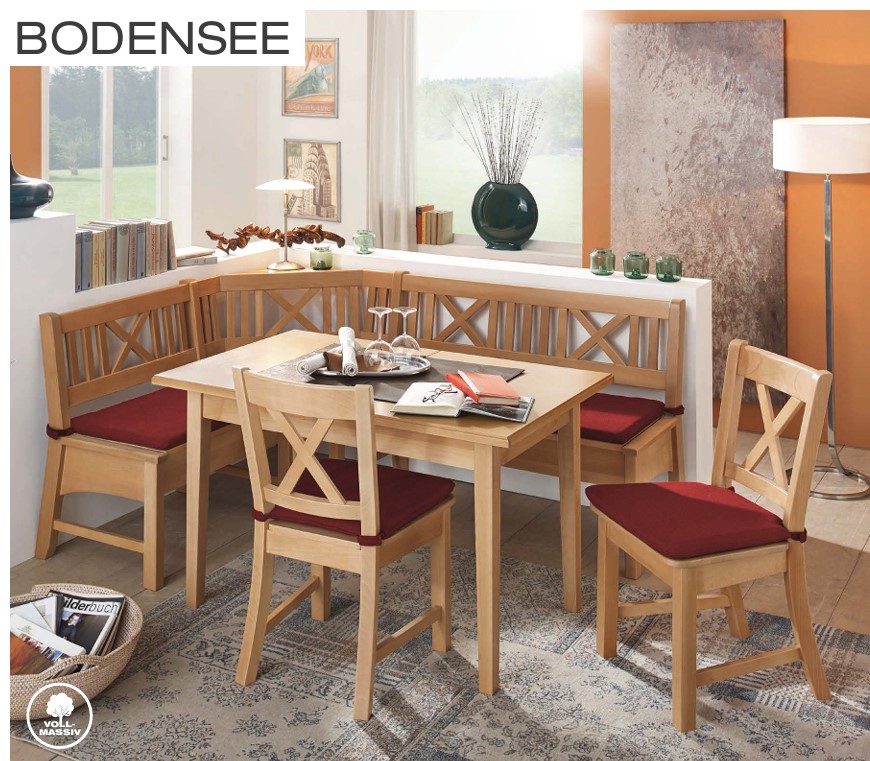 Eckbankruppe Bodensee, Buche massiv, 137/179 cm, mit Auszugstisch 120(160) /75 cm mit Polsterplatte