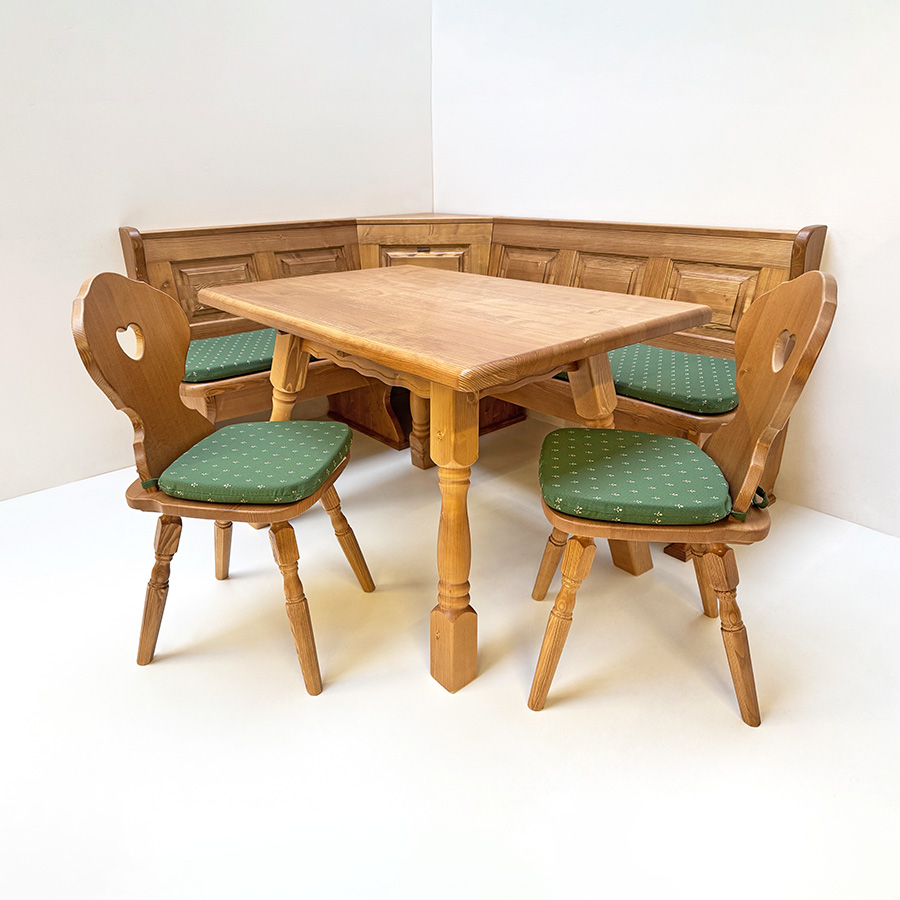 Eckbankgruppe LINDAU 150/185 cm, Tisch 4510-Amberg, Stuhl Munich, Antik dunkel, Kundl grün