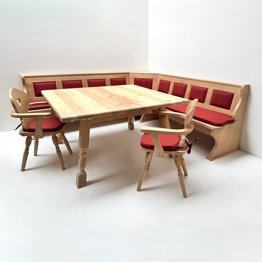 Eckbankgruppe LINDAU 240/240 cm, Tisch 140/140 cm, Armlehnstuhl Munich O, Polster genäht Wels rot