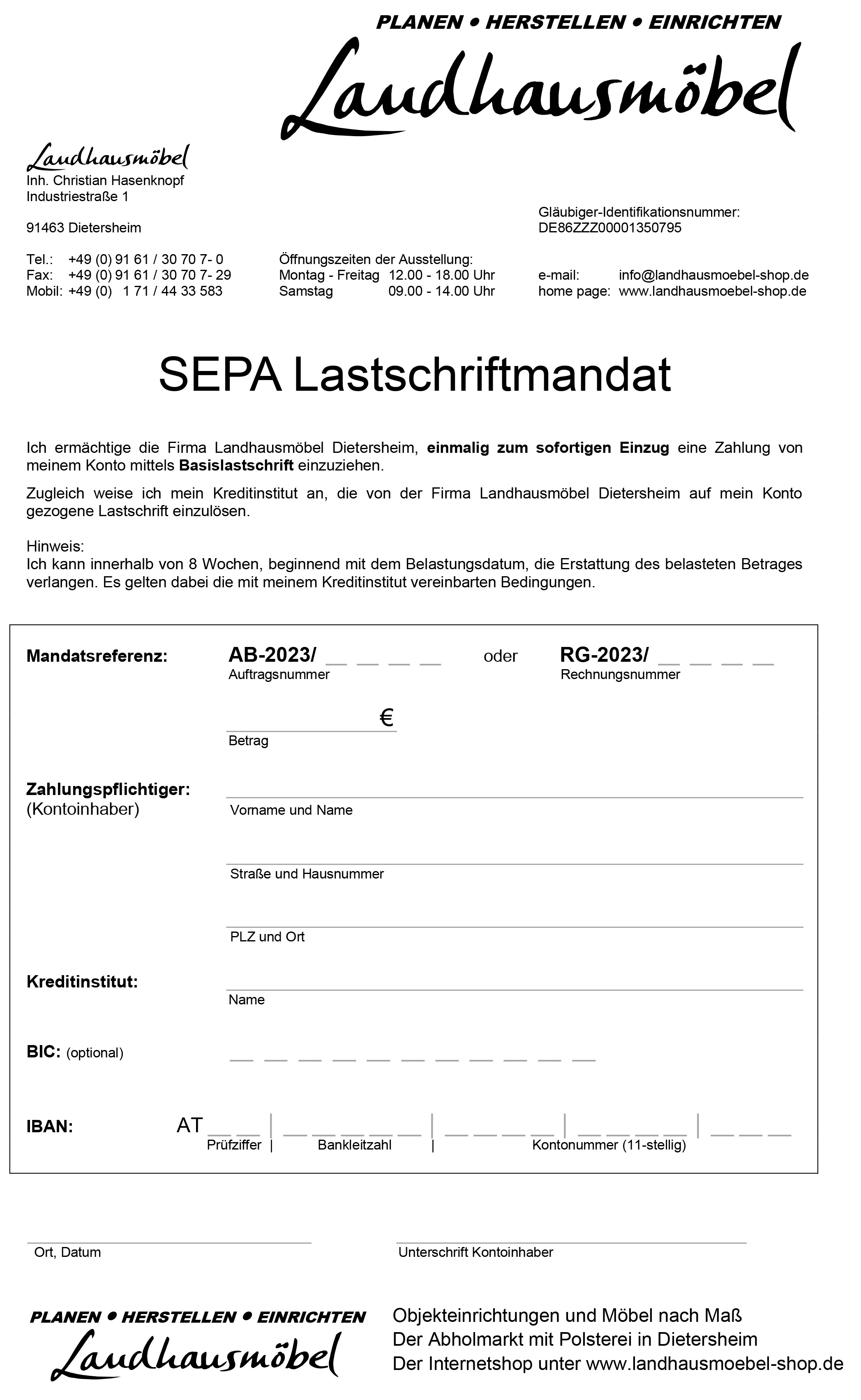 SEPA Lastschriftmandat Österreich 2023 - Landhausmoebel-shop.de