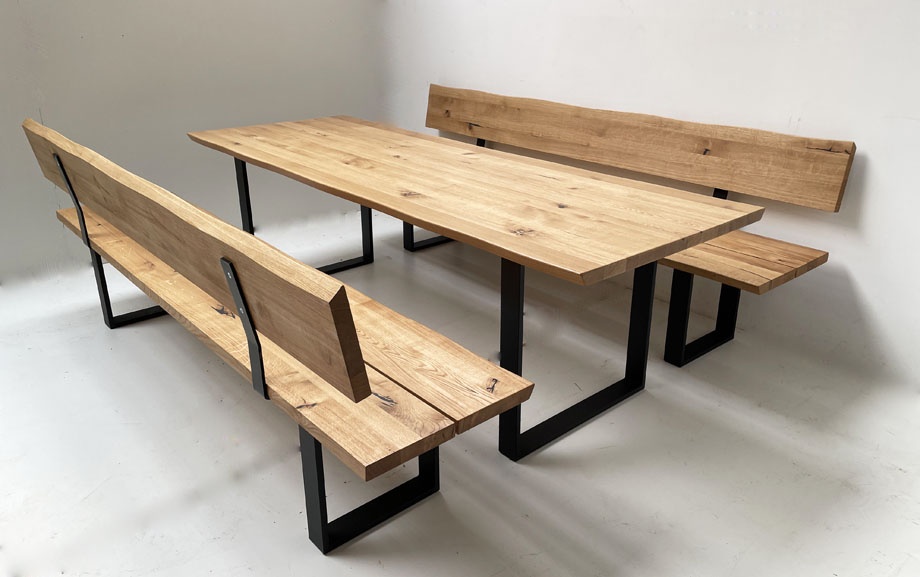 Baumbankset Oviedo Baumbänke und Tisch im Sondermaß 250 cm, Metallgestell schwarz