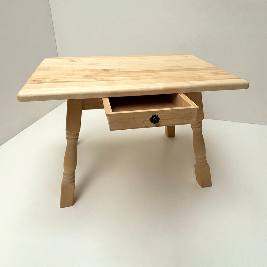Vierfußtisch 4510 Kufstein 120/85 mit Schubladen durchziehbar, Ahornplatte 4 cm, natur lackiert
