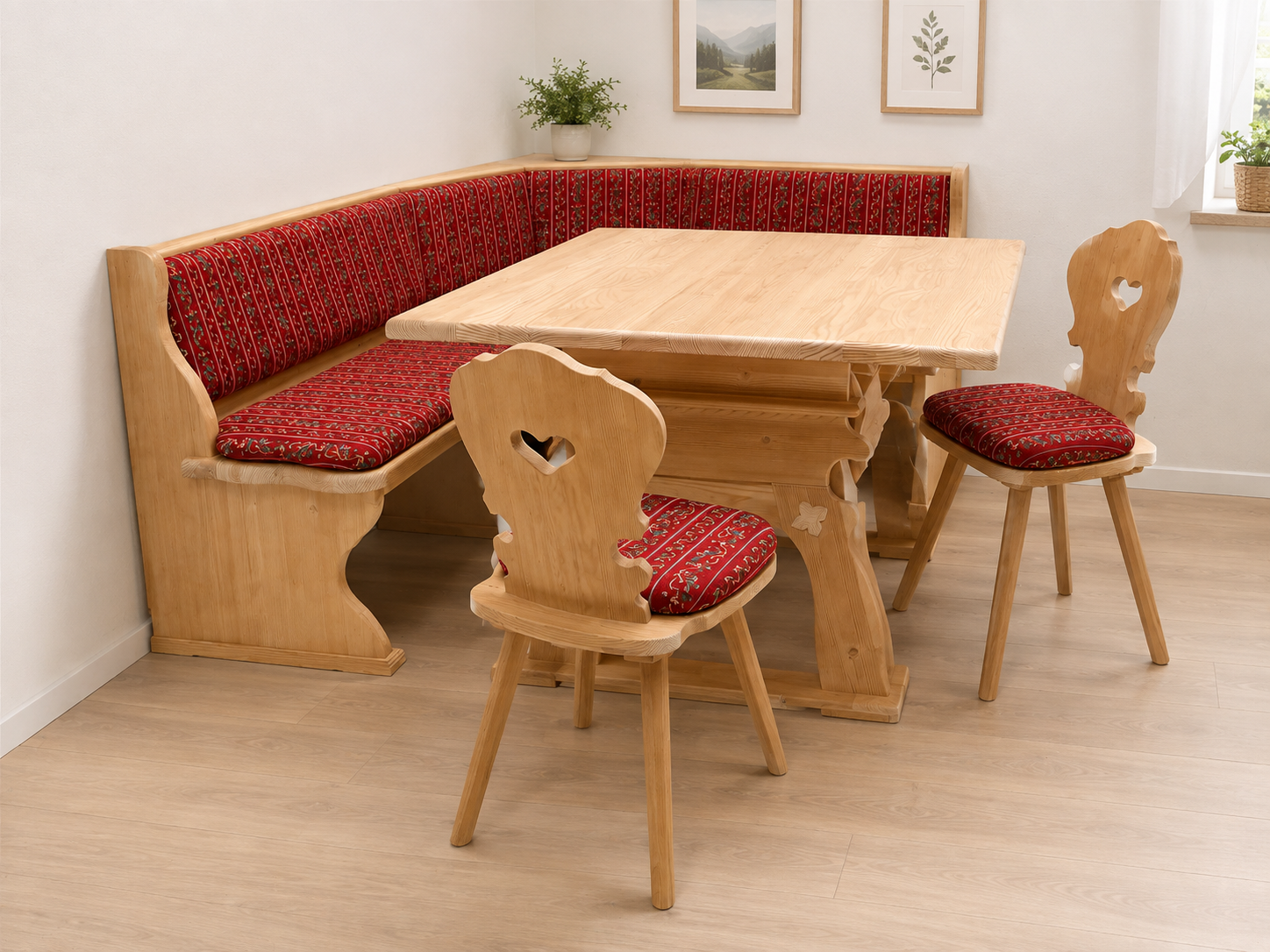 Eckbankgruppe LINDAU 175/175, Vollpolster, Jogl-Tisch 110/110cm, Stuhl Vienna 8-Kant, Waidhaus rot