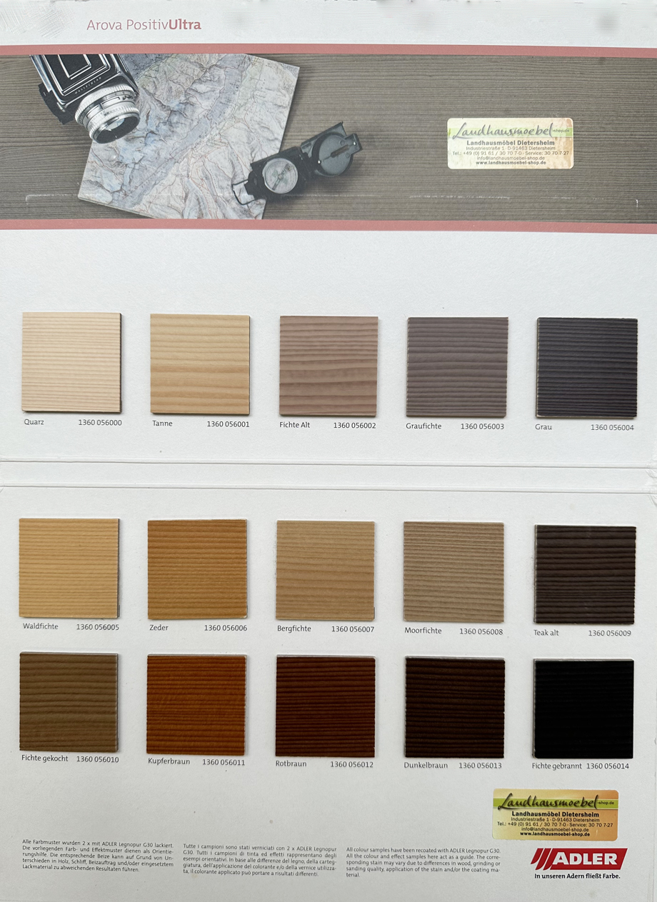 Farbtonkarte für Sondertöne Fichte ADLER Positiv Plus Arova Ultra lackiert (ehem.Positiv-Plus)
