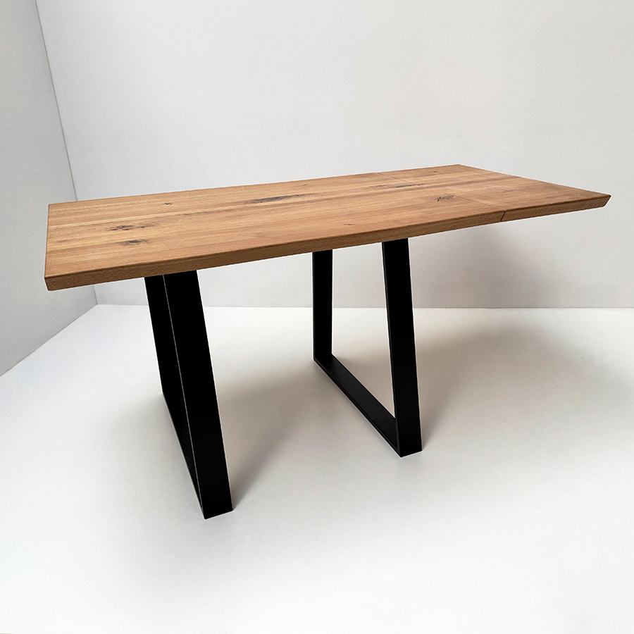 Baumtisch Tisch Oviedo, 120/85 cm, mit Ansteckplatte , Wildeiche geölt, Metallgestell Trapezform