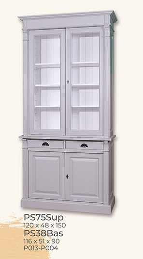 Buffet, Anrichte + Aufsatz, 2 Holztüren, 2 Glastüren, 2 Schubladen, Kiefer massiv, 2-farbig lackiert