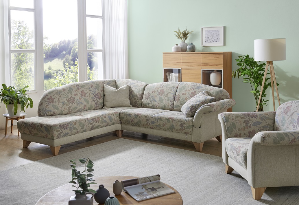 Eckgarnitur/Sofa Davos 440-42-55, Armlehne rechts fest, Stellmaß 218/251, Stoff 1015/17+07
