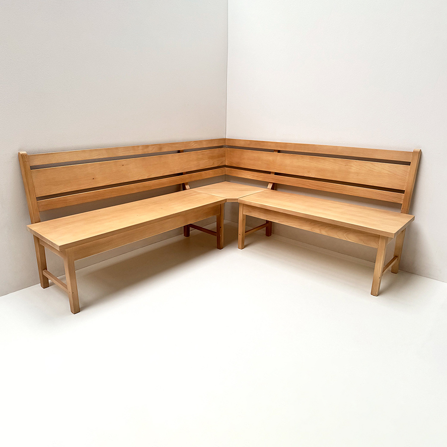 Eckbank ISEO 200/180 cm, Fichte, ohne Truhe, Rücken Sprossen schlicht, Spitzecke, Rosner gewachst