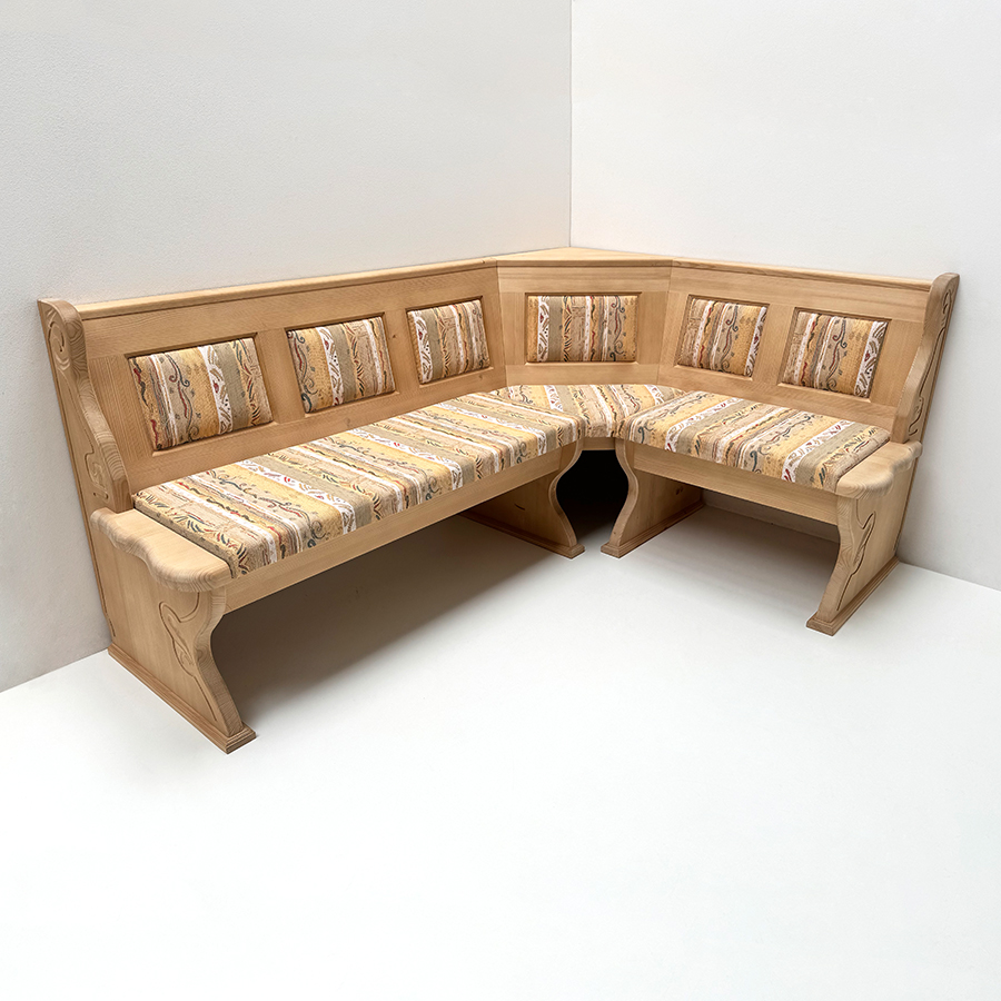 Eckbank LINDAU, 195/145 cm, geschnitzt, Festpolster mit Truhen, Kassettenpolster, Pocking beige