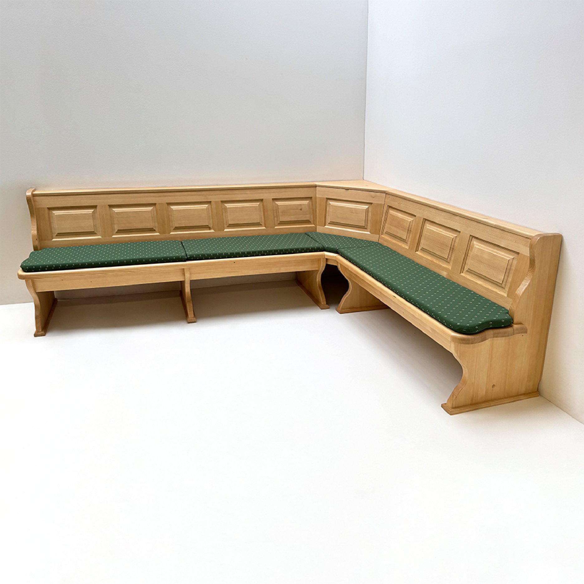 Eckbank Lindau 300/200 cm  mit Truhen, Ablagen 10 cm, Ecke aufklappbar, Polster genäht, Kundl grün