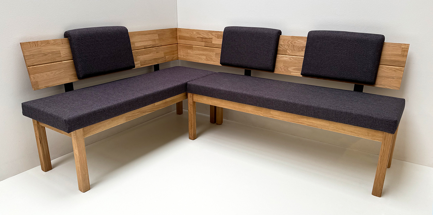 Eckbank Lorenzo, Sondermaß 155/205, Sitz gepolstert, Lehne Massiv, 3 Rückenkissen, Stoff Verano 667