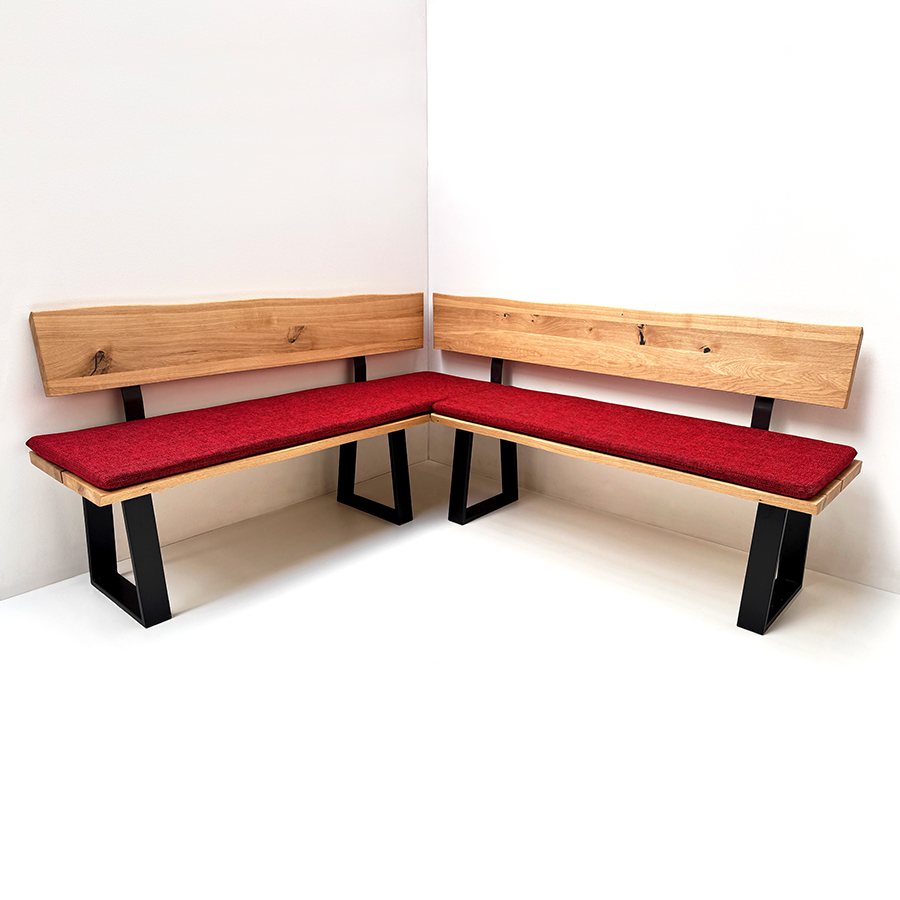 Eckbank Baumbank Oviedo Sondermaß 180/199 cm Wildeiche geölt, Metallwangen , Polster Natura 809 rot