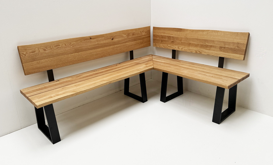 Eckbank Baumbank Oviedo 200/150  cm Wildeiche massiv geölt, Metallgestell