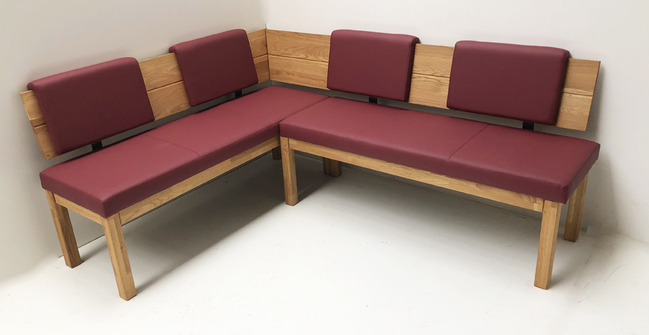 Eckbank Lorenzo 155/194 cm Wildeiche massiv geölt, 4  Einhängepolster Lotos 9726 rot