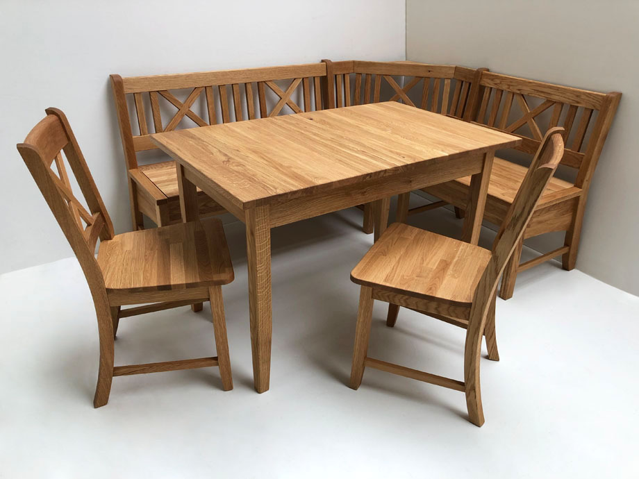 Eckbankgruppe Königsee, 179/137 cm, Tisch 120/75 cm, 2 Stühle , mit Polsterplatten, Wildeiche geölt