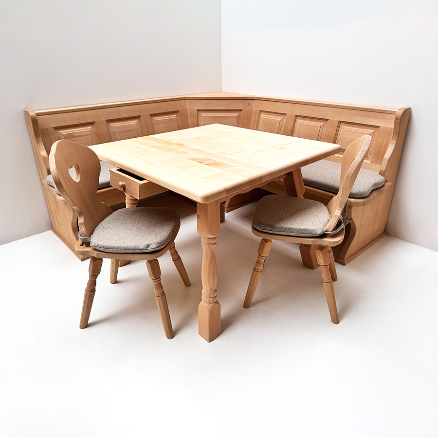 Eckbankgruppe LINDAU 185/185 cm, Tisch 4510-Amberg, Stuhl Munich gedrechselt, Polster Loden TS-3430