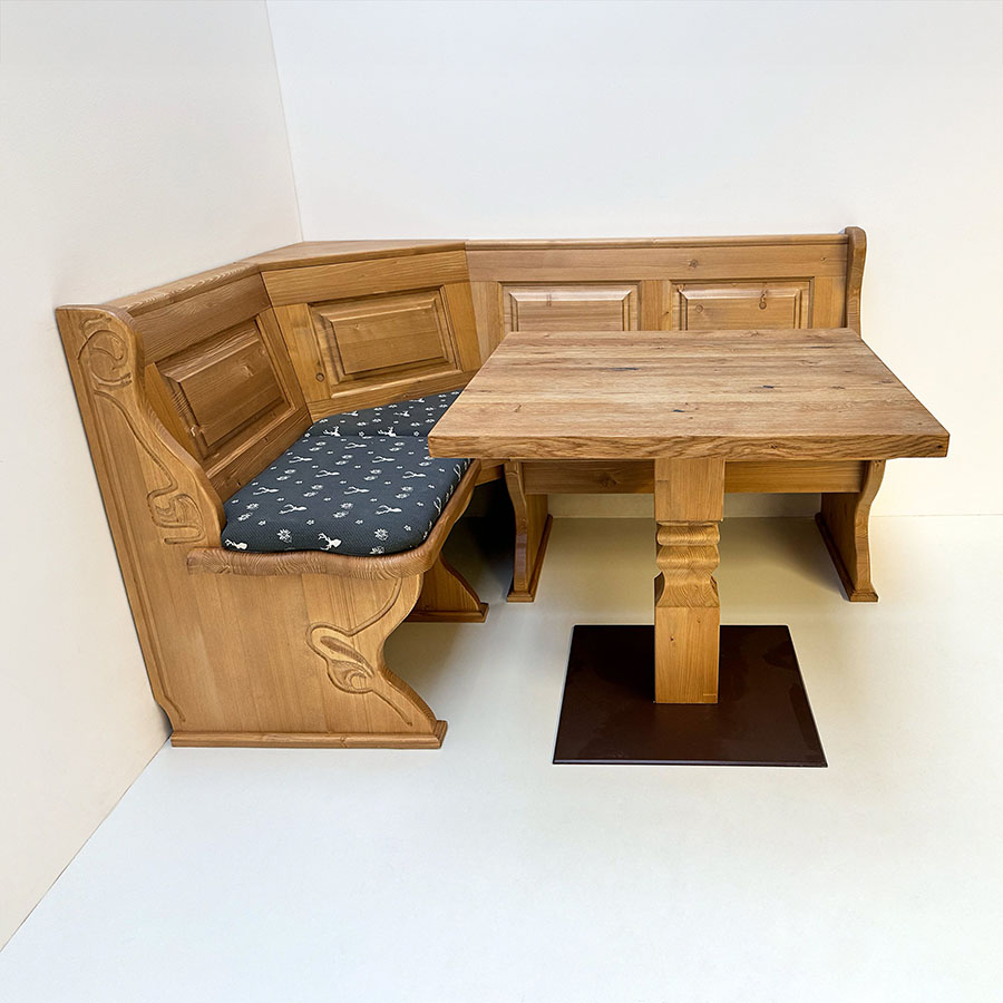 Eckbankgruppe Lindau 125/165, Truhen, Ecke aufklappbar, Mittelsäulentisch 80/80 Eiche, TS-3005