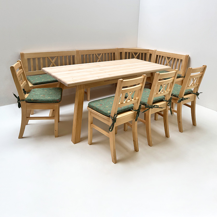 Eckbankgruppe Nürnberg Fichte, 265/150 cm, Tisch 180/90 cm, Ahornplatte, 4 Stühle, Polster
