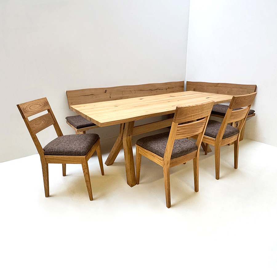 Eckbankgruppe Oviedo 250/150 cm, Tisch Larissa 200/90 cm, Baumkante, 3 Stühle, Polster Natura 804
