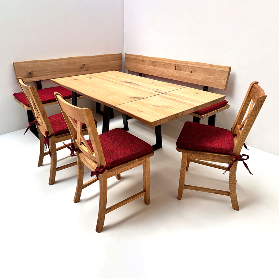 Eckbankgruppe Oviedo, Bank 180/199, Tisch 120/85, 1 Ansteckplatte, 3 Stühle Königsee, Natura 809