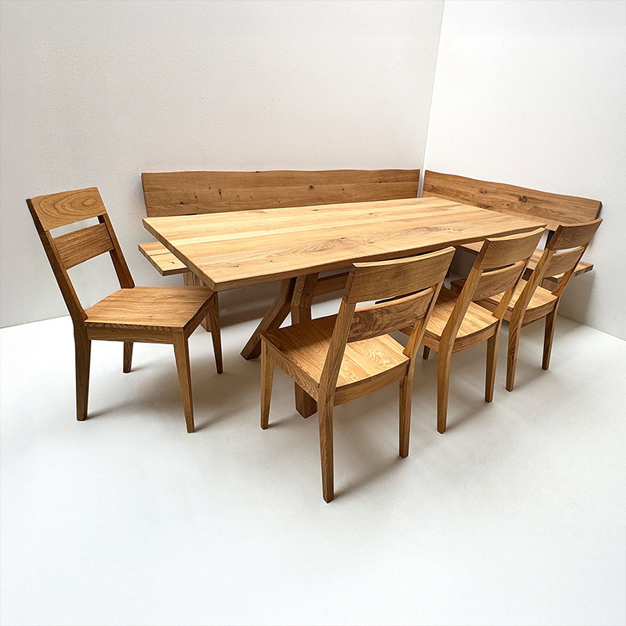 Eckbankgruppe Oviedo nach Maß, 250/170  cm, Larissa 90/200 cm, Baumkante, 4 Stühle, Wildeiche geölt