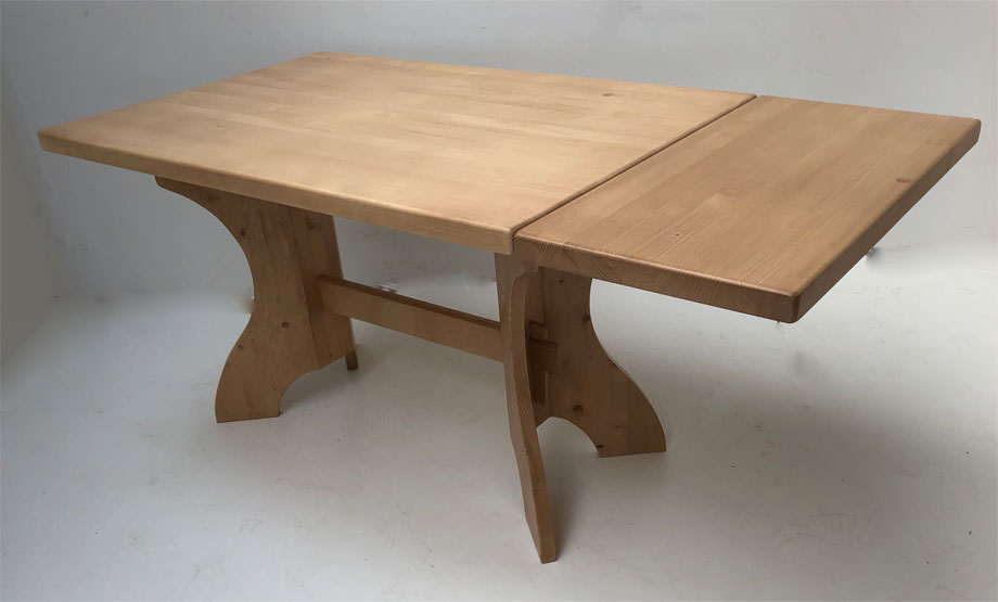 Kreuzwangentisch Füssen 120/85 cm, massive Fichtenplatte 4 cm , 1 Ansteckplatte 40 cm, Antik hell