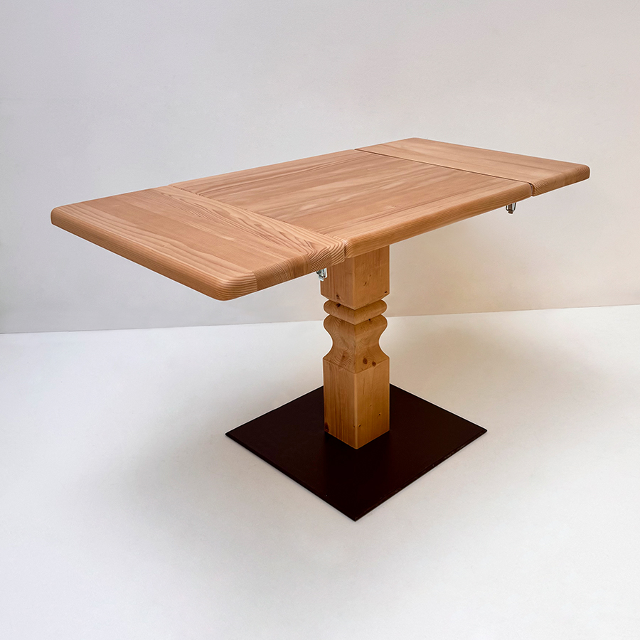 Klostertisch Mittelsäulen-Tisch, Fußscheibe Metall, Fichteplatte 70/70 cm mit 2 Ansteckplatten 30 cm