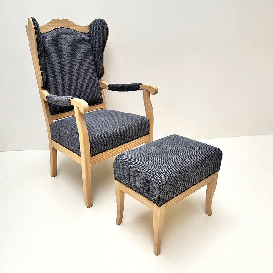 Set Sessel Inzell mit Ohrenbacken und Hocker Inzell, Stoff Perle Joppe 70 blau