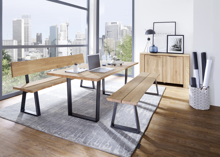 Tischgruppe Oviedo 4,  Tisch 90/180 cm, Einzelbank 180 cm, Vorbank 180 cm, Metallgestell, Wildeiche