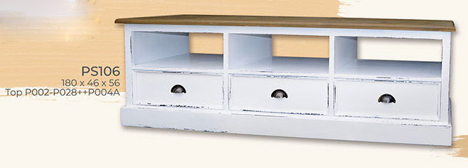 TV-Kommode, 3 Schubladen, Kiefer massiv, Deckplatte Eiche massiv, zweifarbig antik lackiert