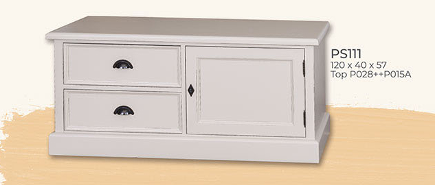 TV-Kommode, 2 Schubladen, 1 Türe, Kiefer massiv, zweifarbig antik lackiert