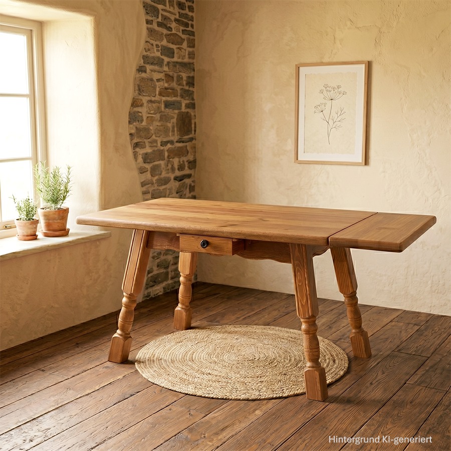 Vierfußtisch 4510, 130/80 cm, Eicheplatte,  mit Ansteckplatte, Gestell Fichte Antik dunkel (Kleur2)