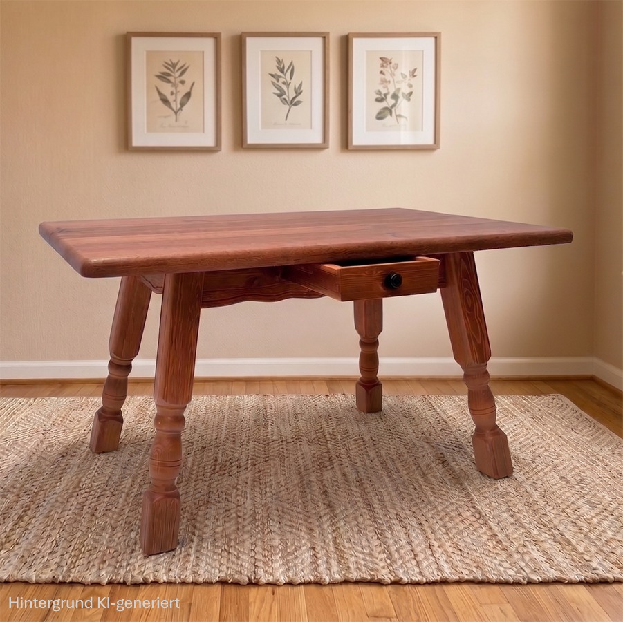 Vierfußtisch 4510, 130/80 cm, Eicheplatte K1 lackiert, Gestell Fichte Antik dunkel (Kleur2) lackiert